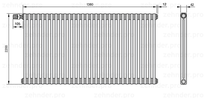Схема (чертеж) Радиатор Zehnder Charleston 2220/30 №V011 Белый глянцевый RAL 9016